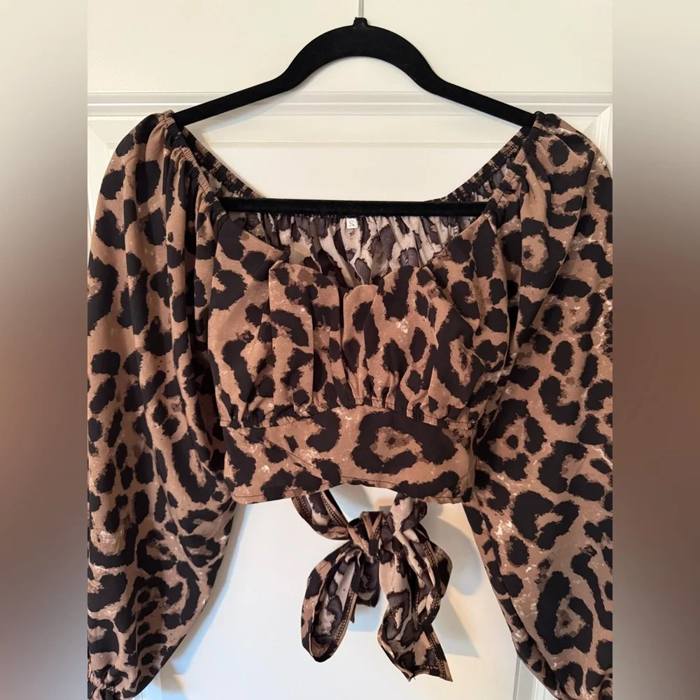 Leopard Print Elastic Crop Top Tie Back Women’s Size Small - Picture 4 of 8